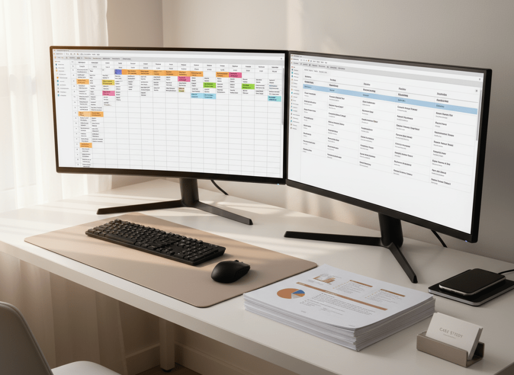 A polished dual-monitor setup on a clean white desk, one screen displaying a structured content calendar spanning many months, the other showing a detailed editorial workflow board with stages from ideation to publication. Beside the keyboard, printed case study packets are neatly stacked, their pages slightly fanned to reveal charts and content outlines. A discreet phone and a refined metal business card holder at the edge of the desk subtly suggest clear contact options. Late-afternoon natural light streams in from the side, casting warm highlights on the screens. Photographic realism, shot from a three-quarter angle, creates a calm, sophisticated atmosphere that communicates long-term, organized content support.
